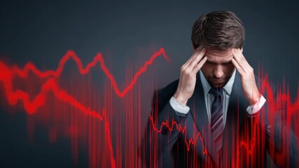 Stressed businessman in a suit holds his head in despair as red analytics fall dramatically during a tense meeting in a modern office setting - Powered by Adobe