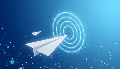 Paper airplanes flying towards a glowing digital target on a blue background, symbolizing communication and goal achievement.