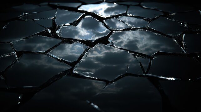 An abstract depiction of a cracked surface under a turbulent sky, symbolizing inner turmoil and chaos, evoking deep emotions through its striking contrasts and dark ambiance. - Powered by Adobe