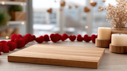Create memorable moments on an empty wooden table adorned with candles and a heart garland for Valentine's Day celebrations