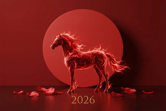 Chinese New Year 2026, Year of the Horse. A fiery red horse statue stands against a red circle with rose petals. Elegant, festive zodiac concept.