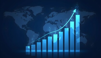 A glowing blue bar graph shows a steep upward trend against a dark background with a faint world map.