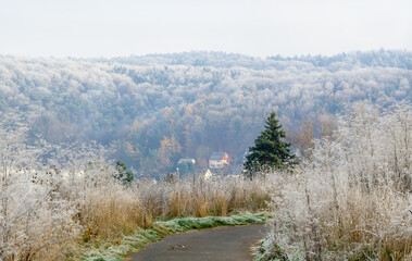 Natur im November am Stadtrand bei Frost und Reif auf Wiesen und Felder