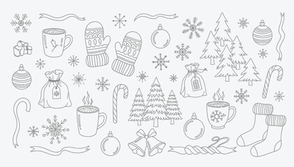 Whimsical hand drawn winter holiday elements collection featuring snowflakes ornaments and festive apparel