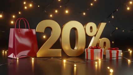 Golden twenty percent discount symbol with festive lights and gift boxes symbolizing holiday , Golden twenty percent sale with festive gifts, Limited offer shines in bright holiday bokeh.