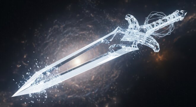 Translucent crystalline sword appears to shatter into fragments against a cosmic background