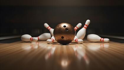 Bowling ball striking pins on a wooden lane.