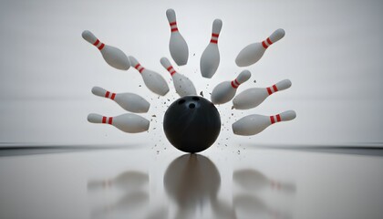 A bowling ball striking pins, scattering them in a dramatic explosion of motion.