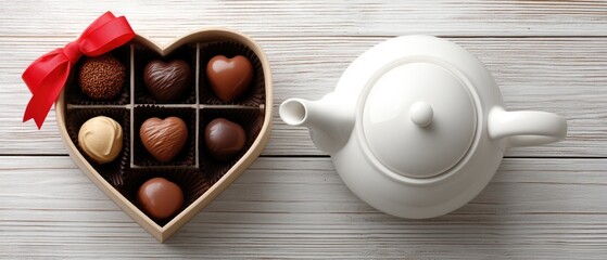 Valentines day gift box with heart-shaped chocolates and a teapot on a white wooden table, perfect for expressing love and appreciation
