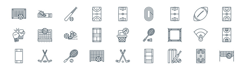 linear games and stadium icon pack. vector thin line icons collection such as ice hockey, running shoe, baseball, rugby, badminton court, basketball court, golf, volleyball © Icon World