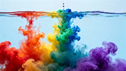 Vibrant Rainbow Ink Plumes Dissolving in Water on Light Blue Background