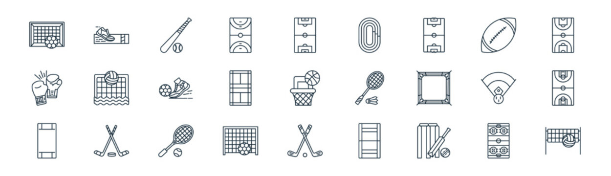 linear games and stadium icon pack. vector thin line icons collection such as ice hockey, running shoe, baseball, rugby, badminton court, basketball court, golf, volleyball