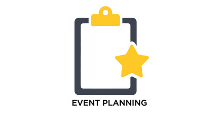 A yellow star is placed inside a dark grey clipboard with the text event planning