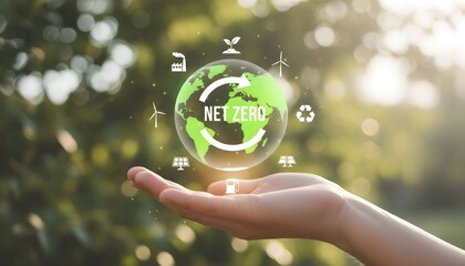 A hand holds a glowing green globe with the text 'NET ZERO' and icons representing sustainability and renewable energy.