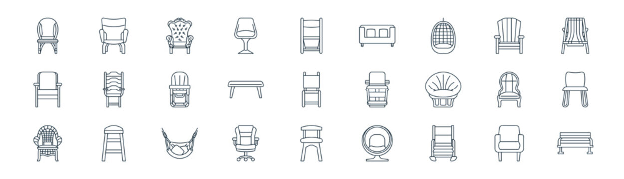 linear types of chairs icon pack. vector thin line icons collection such as armchair, chair, throne, chair, bench, chair, bench