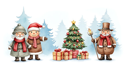 Christmas watercolor background presents charming Christmas scene, Christmas decorations, and holiday spirit. Christmas watercolor background includes Christmas tree with presents,