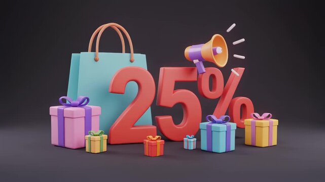 Twenty five percent discount announcement with shopping bag gifts and megaphone promotion