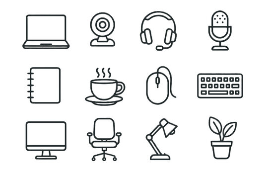 Mouse coffee headset vector work icon desk notebook monitor cup essentials chair