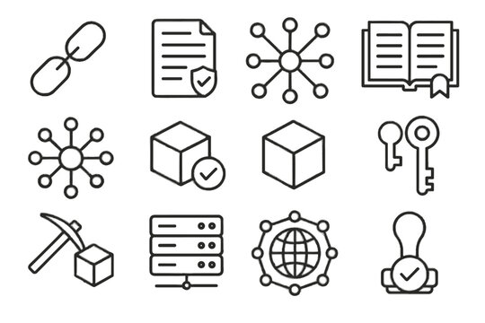 Block cryptography contract validation decentralized stamp mining pick set blockchain icon vector