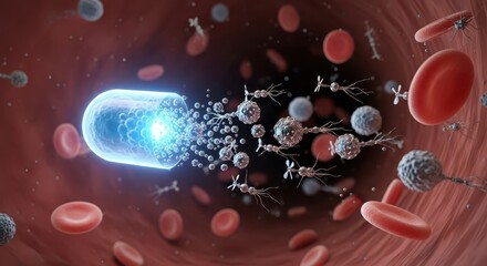 Glowing microscopic capsule releases therapeutic agents inside a blood vessel surrounded by red cells