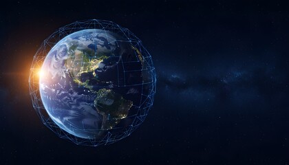 Digital network overlaying the Earth, symbolizing global connectivity and technology.