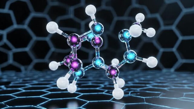 Abstract molecular structure with glowing spheres against hexagonal pattern