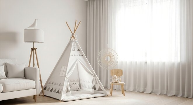 Bright and airy modern nursery interior with a teepee tent floor lamp and neutral color palette creating a calm and peaceful atmosphere