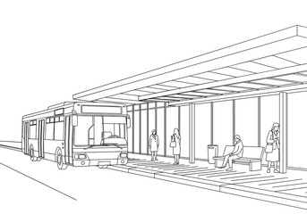 Outline of modern bus station with waiting passengers and bus  