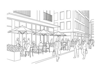 Obraz premium Urban street scene with people walking and dining at outdoor cafe 