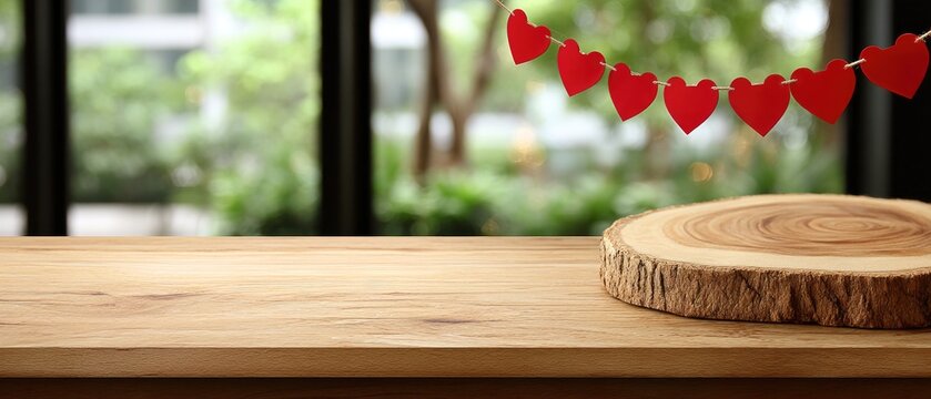 Empty wooden table with red hearts garland and blurred background for Valentine's Day display or product mock-up