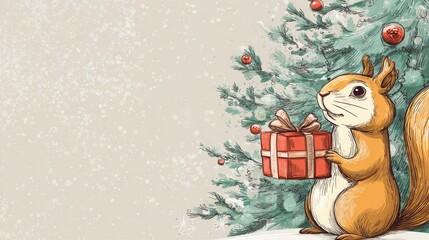 Obraz premium a squirrel with a gift against the background of a Christmas tree.