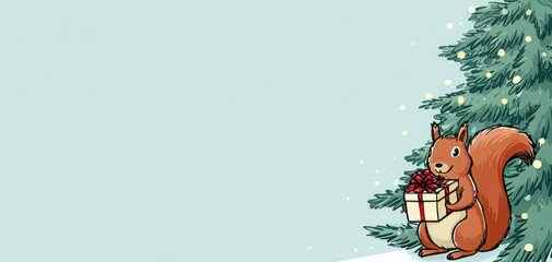 Obraz premium a squirrel with a gift against the background of a Christmas tree.