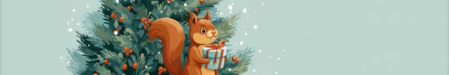 Obraz premium a squirrel with a gift against the background of a Christmas tree.