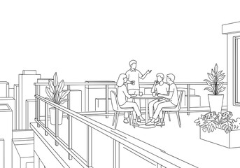 Obraz premium Group of friends discussing ideas while sitting on balcony outdoors 