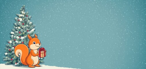 Obraz premium a squirrel with a gift against the background of a Christmas tree.