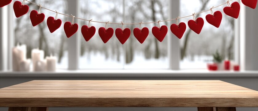 Festive display of red hearts garland and candles on a wooden table for Valentine's Day celebration
