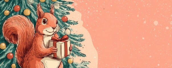 Obraz premium a squirrel with a gift against the background of a Christmas tree.