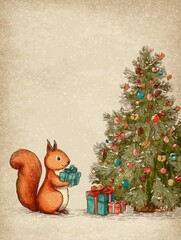Obraz premium a squirrel with a gift against the background of a Christmas tree.