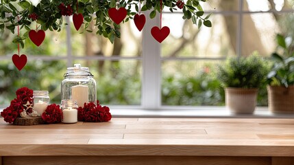 Empty wooden table with festive decor and a blurred window background for Valentine's Day product display and marketing ideas