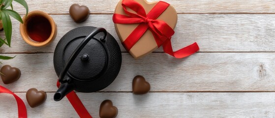 Valentines day gift box with heart-shaped chocolates and red ribbon on white wooden table with teapot and greenery