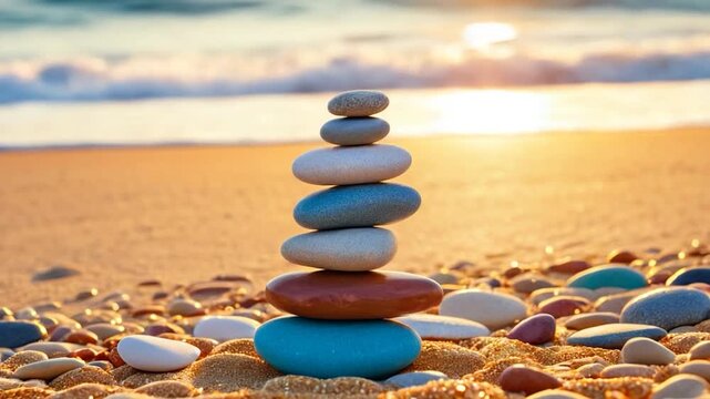 Rock stacks on a sunny beach with blue sky and calm water