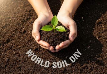 Hands holding a young plant on soil background with world soil day text, concept of agriculture and environment, save the earth day