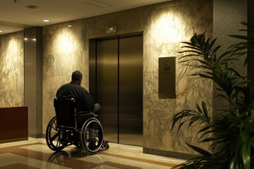 Individual in wheelchair awaiting elevator access modern building emotional scene indoor environment perspective focus