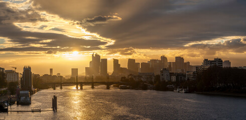 Gennevilliers, France - 11 18 2025: Panoramic view of La Seine river, railway bridge and La Defense...