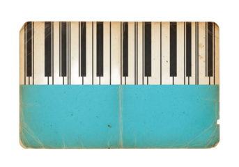 Abstract artistic representation of a vintage piano keyboard with faded keys and a vibrant turquoise blue painted section isolated on transparent background