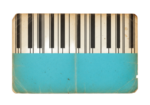 Abstract artistic representation of a vintage piano keyboard with faded keys and a vibrant turquoise blue painted section isolated on transparent background