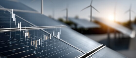 Stock market growth represented by solar panels and wind turbines under a beautiful sunset in a green energy landscape