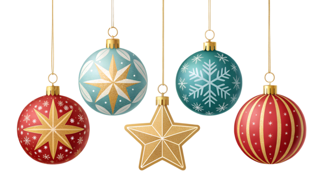 Five colorful oval Christmas ornaments isolated on transparent background
