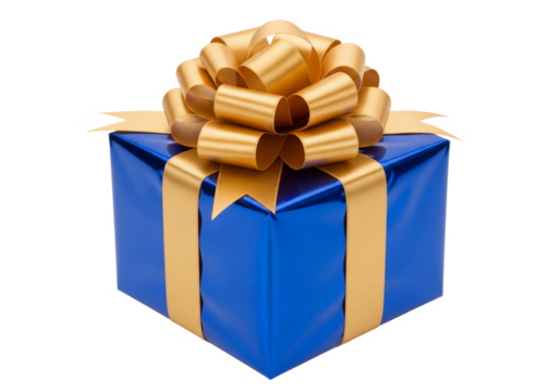 A vibrant blue gift box with a large golden ribbon and bow symbolizing celebration and surprise isolated on transparent background