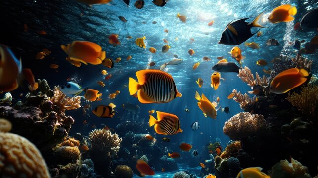 An underwater scene filled with exotic, colorful fish swimming among vibrant coral reefs, showcasing the beauty and diversity of marine life in a serene ocean habitat.